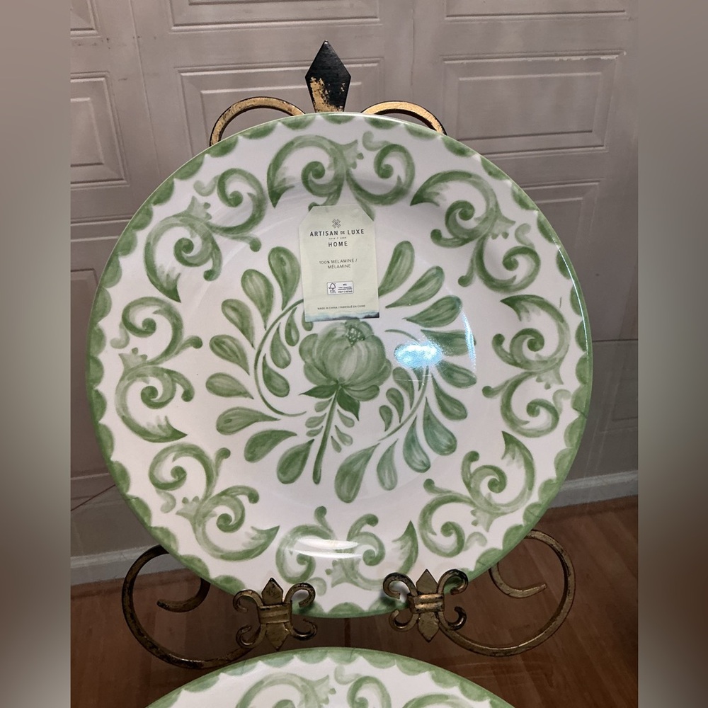 ARTISAN DE LUXE HOME Melamine GREEN ROSE Scroll 11” Dinner Plates (SET OF 4) NEW